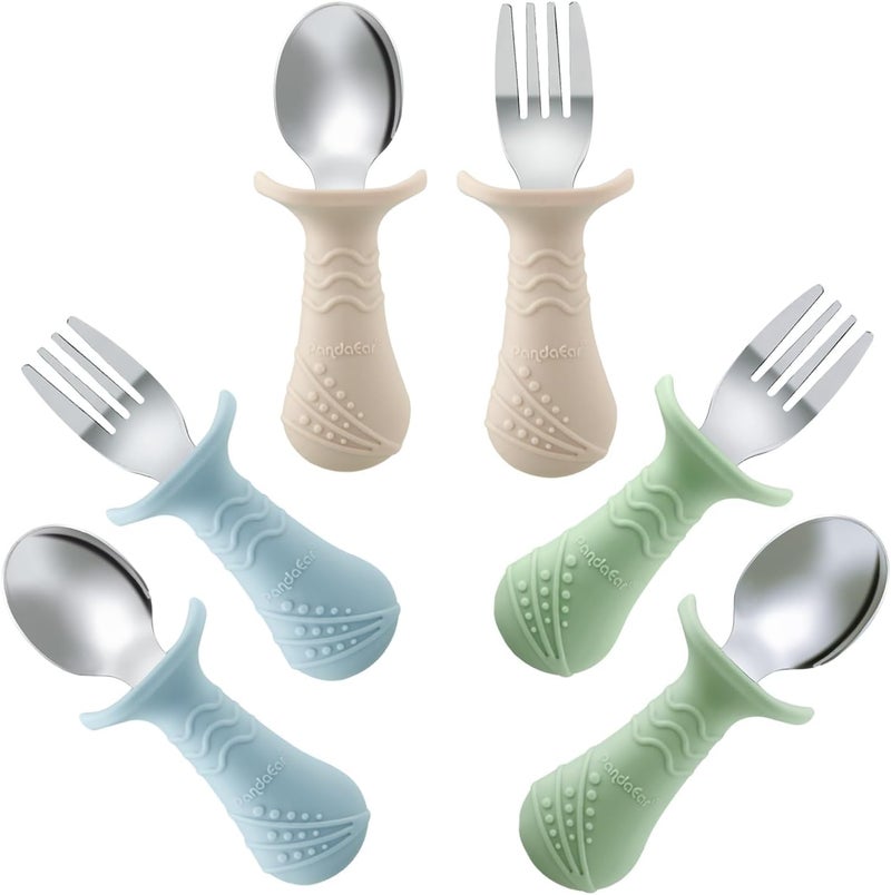 PandaEar Baby Toddler Fork and Spoon Utensil Set, 6 Pack Silicone Stainless Steel Silverware Spoon Fork for Babies Toddler, BPA Free with Silicone Holding Anti-Choke Design (Green Blue Brown) - Image 1